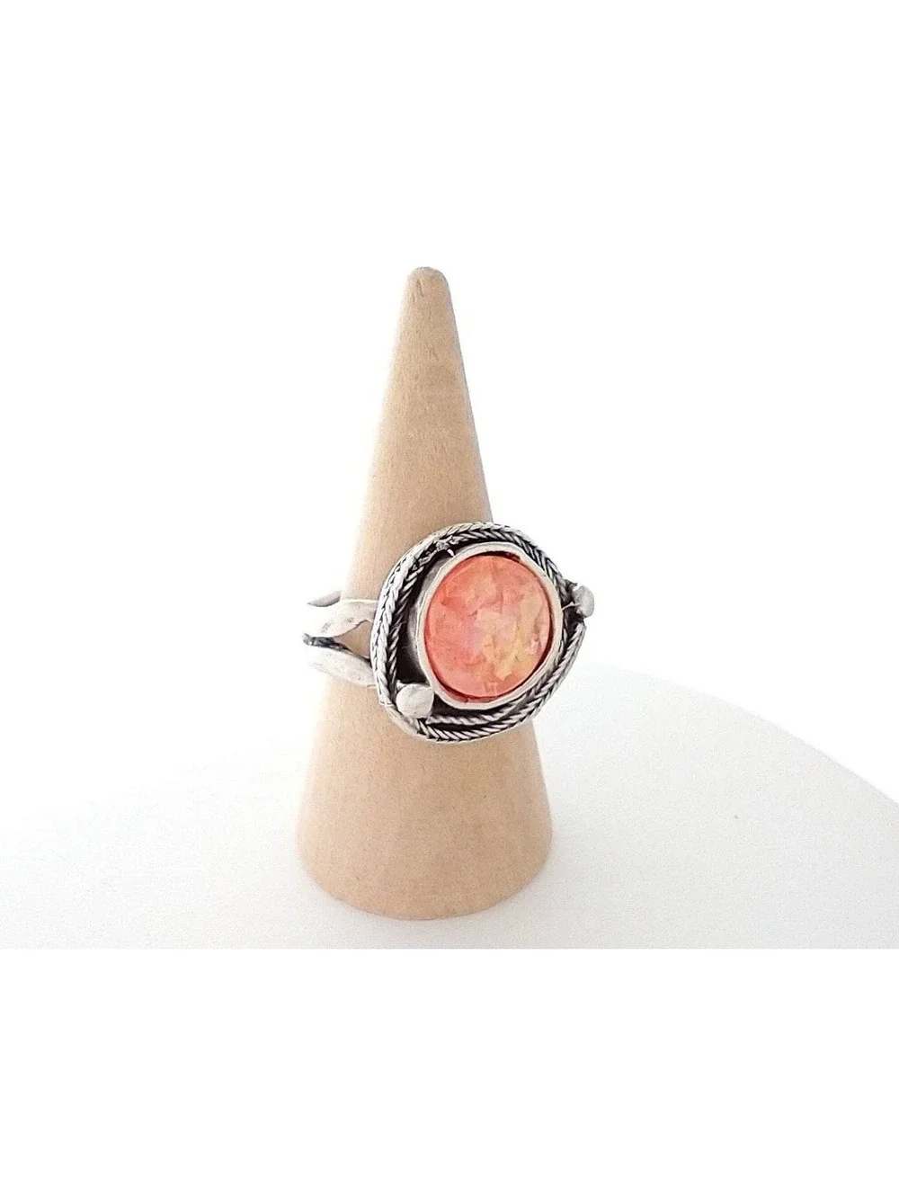 Adjustable Silver Tone Ring with Orange Marbled Stone